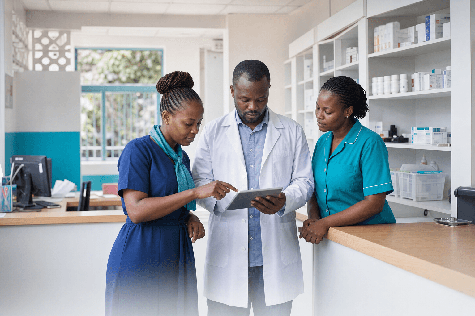 Illustrative scene of a Kenyan healthcare administration team reviewing connected operations