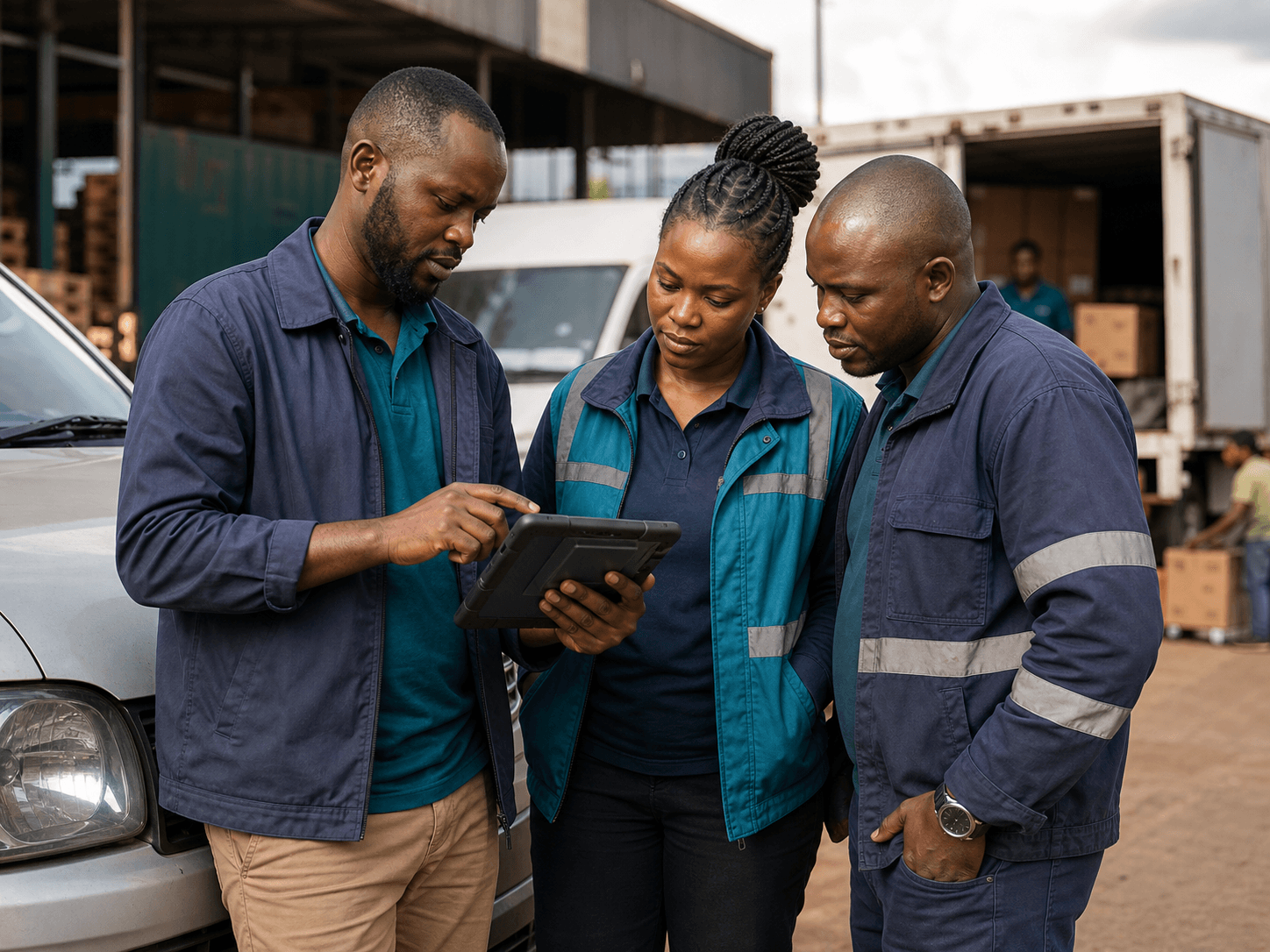 Illustrative scene of a Kenyan logistics team coordinating fleet and delivery operations